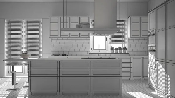 未完成的项目的现代木白色厨房与岛屿 凳子和窗户 镶木人字地板 — 图库照片