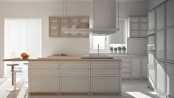 Unfinished project of modern wooden and white kitchen with island, stools and windows, parquet herringbone floor