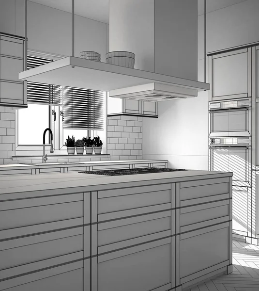 Modern ahşap ve beyaz mutfak Adası, dışkı ve windows, parke balıksırtı zemin ile tamamlanmamış proje