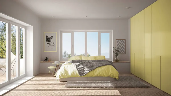 Σκανδιναβική Λευκό Και Κίτρινο Μινιμαλιστικό Υπνοδωμάτιο Πανοραμικό Παράθυρο Χαλί Γούνα — Φωτογραφία Αρχείου