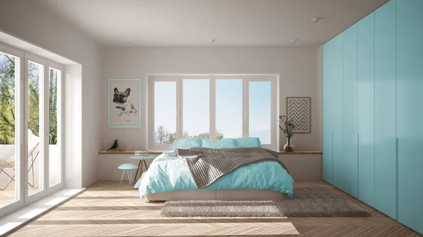 Skandinav Beyaz Mavi Minimalist Yatak Odası Panoramik Penceresi Kürk Halı — Stok fotoğraf