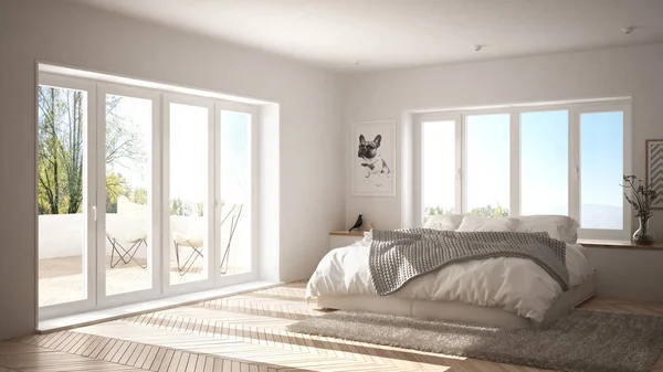 Скандинавські Білий Мінімалістський Спальня Панорамні Вікна Хутра Килим Ялинку Паркет — стокове фото
