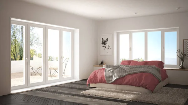 Σκανδιναβική Λευκό Και Ροζ Μινιμαλιστικό Υπνοδωμάτιο Πανοραμικό Παράθυρο Χαλί Γούνα — Φωτογραφία Αρχείου