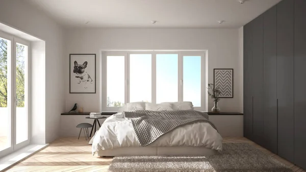 Chambre Minimaliste Scandinave Blanche Grise Avec Fenêtre Panoramique Tapis Fourrure — Photo