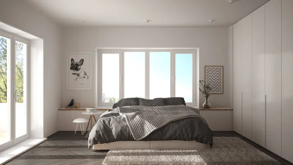 Σκανδιναβική Άσπρο Και Γκρι Μινιμαλιστικό Υπνοδωμάτιο Πανοραμικό Παράθυρο Χαλί Γούνα — Φωτογραφία Αρχείου