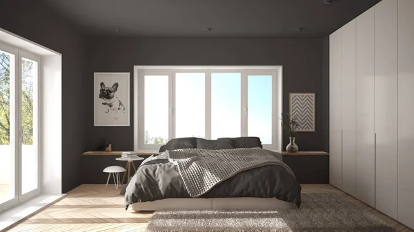 Dormitorio Minimalista Blanco Gris Escandinavo Con Ventana Panorámica Alfombra Piel —  Fotos de Stock