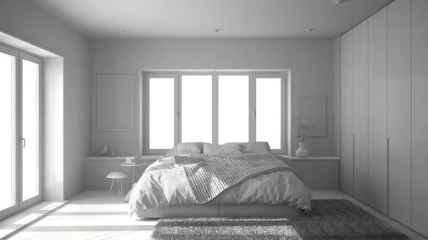 総白プロジェクト案 スカンジナビアの白と緑シンプルな寝室パノラマ ウィンドウ 毛皮のカーペットとヘリンボーン フローリング インテリア デザイン — ストック写真