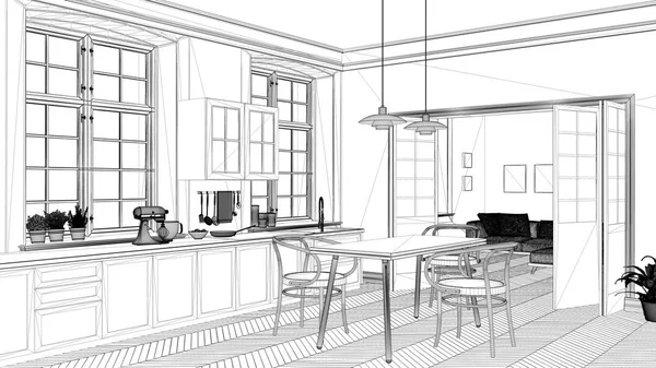 Einrichtungsprojekt Schwarz Weiß Tuschskizze Architekturentwurf Mit Zeitgenössischer Küche Mit Esstisch — Stockfoto