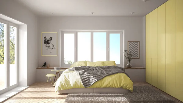 Скандинавські Білого Жовтого Мінімалістський Спальня Панорамні Вікна Хутра Килим Ялинку — стокове фото