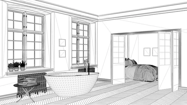 Interior design project, black and white ink sketch, architecture blueprint showing classic bathroom and bedroom