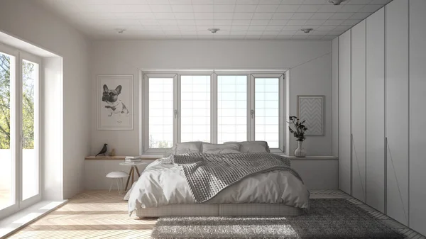 未完のプロジェクトの草案のインテリア デザイン 北欧の白と緑シンプルな寝室パノラマ ウィンドウ 毛皮カーペット ヘリンボーンと寄せ木張り — ストック写真