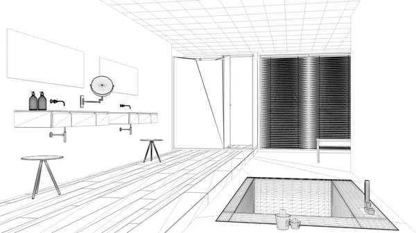 Tasarım Projesi Siyah Beyaz Mürekkep Kroki Mimari Plan Gösteren Modern — Stok fotoğraf