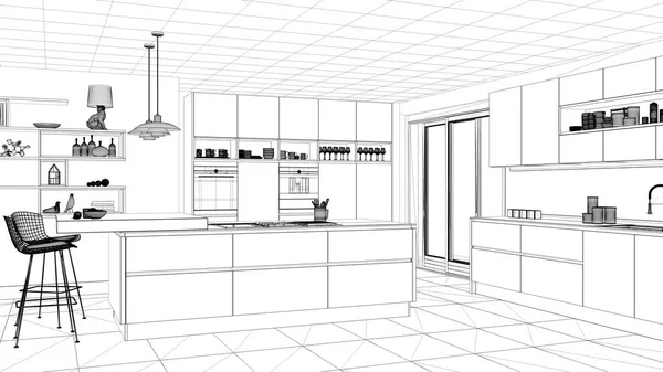 Interior Design Project Black White Ink Sketch Architecture Blueprint Showing — Stock Photo, Image