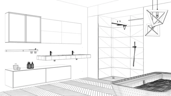 室内设计项目 黑白墨水素描 建筑蓝图 显示现代浴室与浴缸和淋浴 — 图库照片