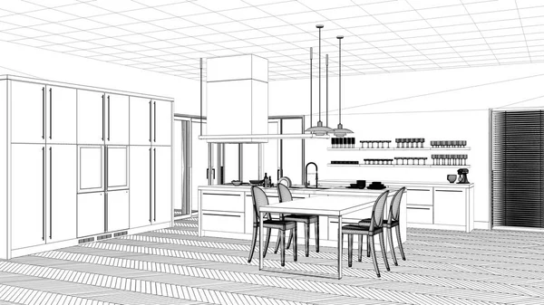 Interior Design Project Black White Ink Sketch Architecture Blueprint Showing — Stock Photo, Image