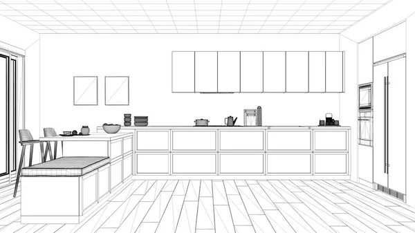 Interior design project, black and white ink sketch, architecture blueprint showing minimalist kitchen
