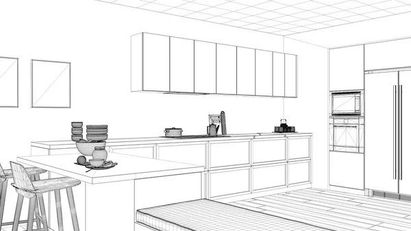 Projet Design Intérieur Croquis Encre Noire Blanche Plan Architecture Montrant — Photo