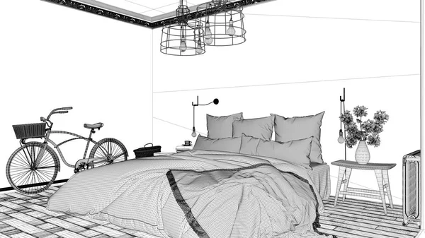 Εσωτερικό Σχεδιασμό Έργου Μαύρο Και Λευκό Μελάνι Σκίτσο Αρχιτεκτονική Σχεδιάγραμμα — Φωτογραφία Αρχείου
