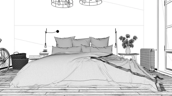 Tasarım Projesi Siyah Beyaz Mürekkep Kroki Mimari Plan Gösteren Skandinav — Stok fotoğraf