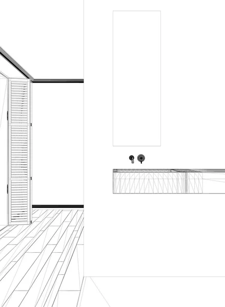 Interior design project, black and white ink sketch, architecture blueprint showing minimalist bathroom with sink and window