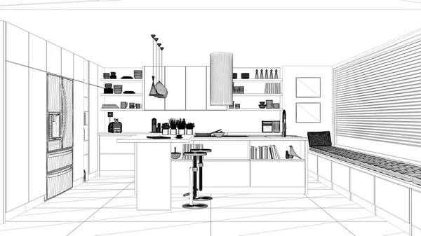 室内设计项目 黑白水墨素描 建筑蓝图展示当代厨房与海岛和凳子 — 图库照片