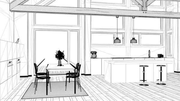 Interior Design Project Black White Ink Sketch Architecture Blueprint Showing — Stock Photo, Image