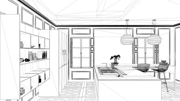 室内设计项目 黑白水墨素描 建筑蓝图展示当代厨房与海岛 — 图库照片