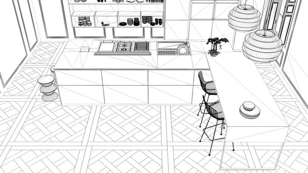 Einrichtungsprojekt Schwarz Weiß Tuschskizze Architekturentwurf Mit Zeitgenössischer Küche Mit Esstisch — Stockfoto