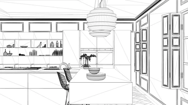 Interior design project, black and white ink sketch, architecture blueprint showing contemporary kitchen with dining table