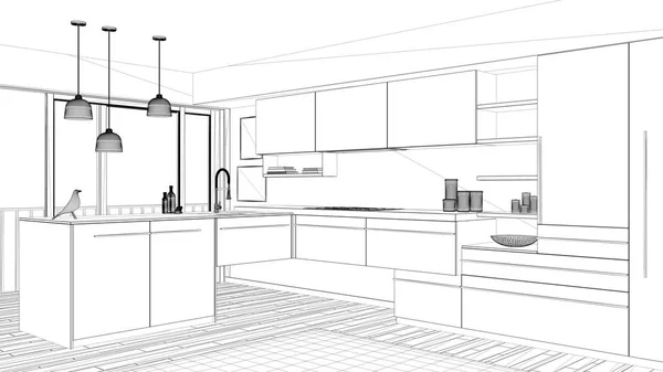 Interior Design Project Black White Ink Sketch Architecture Blueprint Showing — Stock Photo, Image