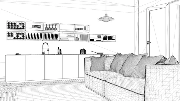 Interior Design Project Black White Ink Sketch Architecture Blueprint Showing — Stock Photo, Image