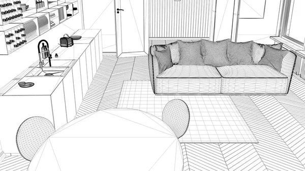 Interior design project, black and white ink sketch, architecture blueprint showing contemporary kitchen with sofa and carpet