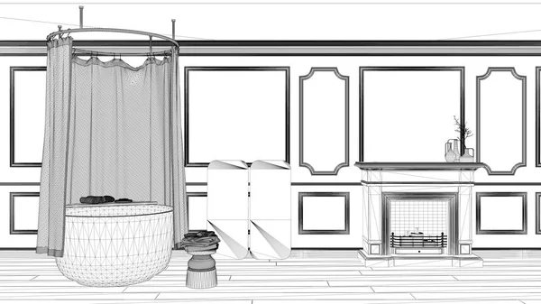 Proyecto Diseño Interiores Boceto Tinta Blanco Negro Diseño Arquitectónico Que — Foto de Stock