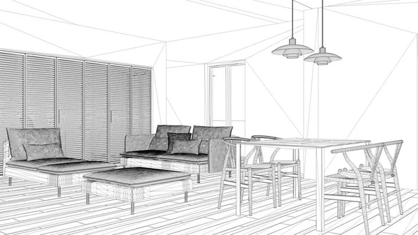 インテリア デザイン プロジェクト 黒と白インク スケッチ アーキテクチャの青写真を示すモダンなリビング ルーム キッチン — ストック写真