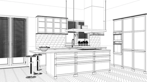 Проект интерьера, черно-белый чернильный эскиз, архитектурный проект, показывающий современную кухню с островом и стульями — стоковое фото