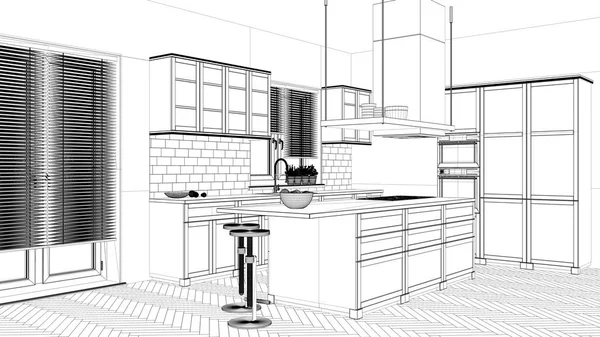 Einrichtungsprojekt, Schwarz-Weiß-Tuschskizze, Architekturentwurf mit moderner Küche mit Insel und Hockern — Stockfoto