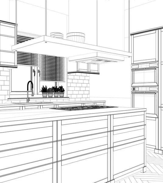 Interior design project, black and white ink sketch, architecture blueprint showing modern kitchen with island