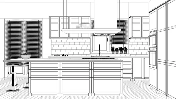 Interior Design Project Black White Ink Sketch Architecture Blueprint Showing — Stock Photo, Image