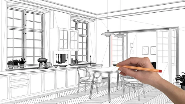 インテリア デザイン プロジェクトのコンセプト 手描きのカスタム アーキテクチャ 黒と白インク スケッチ 青写真を示す北欧キッチン ダイニング テーブル — ストック写真