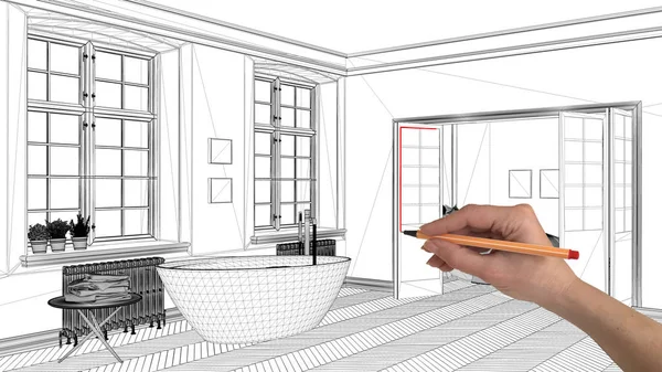Interior Design Project Concept Hand Drawing Custom Architecture Black White — Stock Photo, Image
