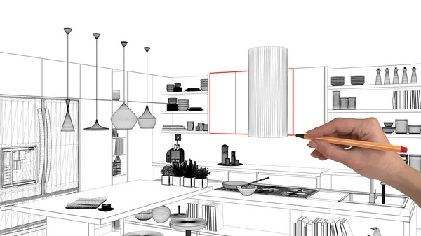 Interieur Project Concept Hand Tekenen Aangepaste Architectuur Zwarte Witte Inkt — Stockfoto