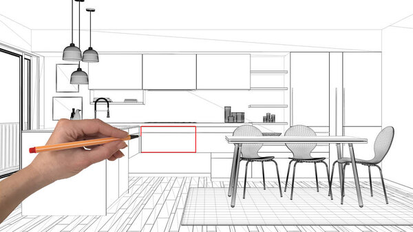 Interior design project concept, hand drawing custom architecture, black and white ink sketch, blueprint showing modern minimalist kitchen