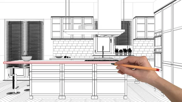 Interior design project concept, hand drawing custom architecture, black and white ink sketch, blueprint showing modern kitchen with island