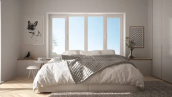 ぼかし背景インテリア デザイン 白と緑のスカンジナビア パノラマ ビューの窓 シンプルなベッドルーム毛皮のカーペットとヘリンボーン フローリング — ストック写真