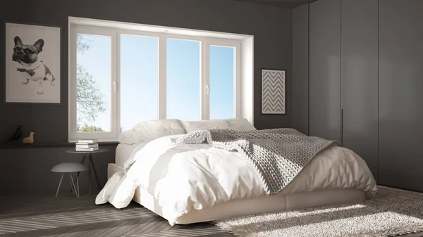 スカンジナビアの白とグレー シンプルな寝室パノラマ ウィンドウ 毛皮のカーペットとヘリンボーン寄木細工の床 モダンな建築インテリア デザイン — ストック写真