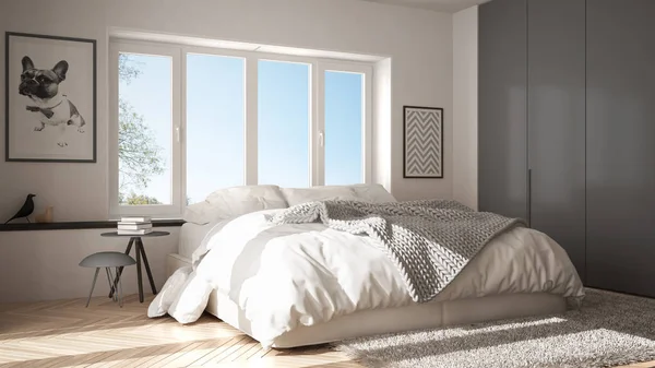 Скандинавські Біло Сірою Мінімалістський Спальня Панорамні Вікна Хутра Килим Ялинку — стокове фото