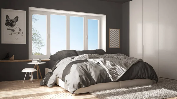 Skandinav Beyaz Gri Minimalist Yatak Odası Panoramik Penceresi Kürk Halı — Stok fotoğraf