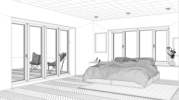 Interior Design Project Black White Ink Sketch Architecture Blueprint Showing — Stock Photo, Image