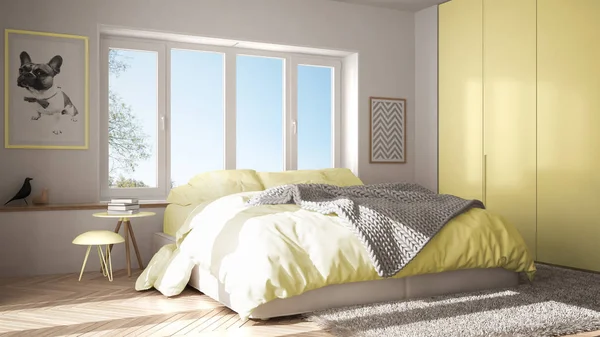 Dormitorio Minimalista Blanco Amarillo Escandinavo Con Ventana Panorámica Alfombra Piel —  Fotos de Stock