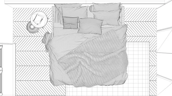 室内设计项目 黑白水墨素描 建筑蓝图 展示当代卧室的双层床 地毯和窗户 — 图库照片